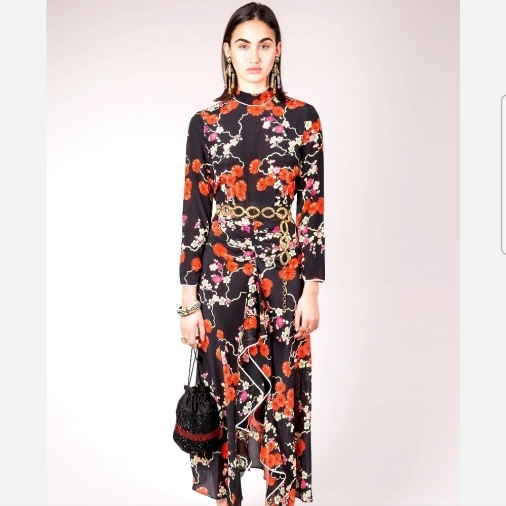 RIXO London Lucy Blossom Floral Silk High Neck Backless Dress Medium